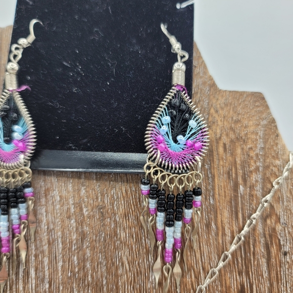 Boho Thread Art Necklace & Earrings Set Beaded Fringe Festival Jewelry Vintage - Picture 4 of 14